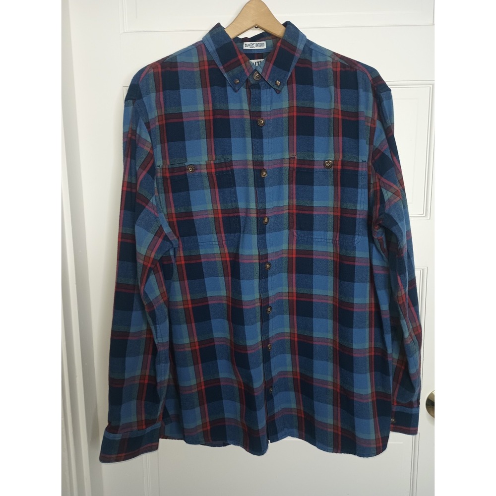 Duluth Button Up Shirt Men L TALL Blue Excellent Plaid Flannel Untucked Relaxed
